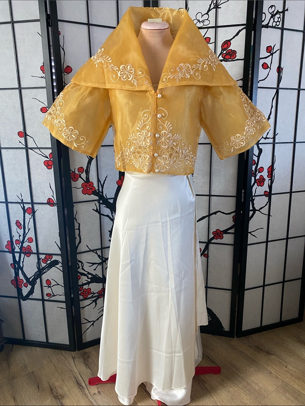 Filipiniana Gold Embroided Crop Balona Maria Clara & White Skirt Set